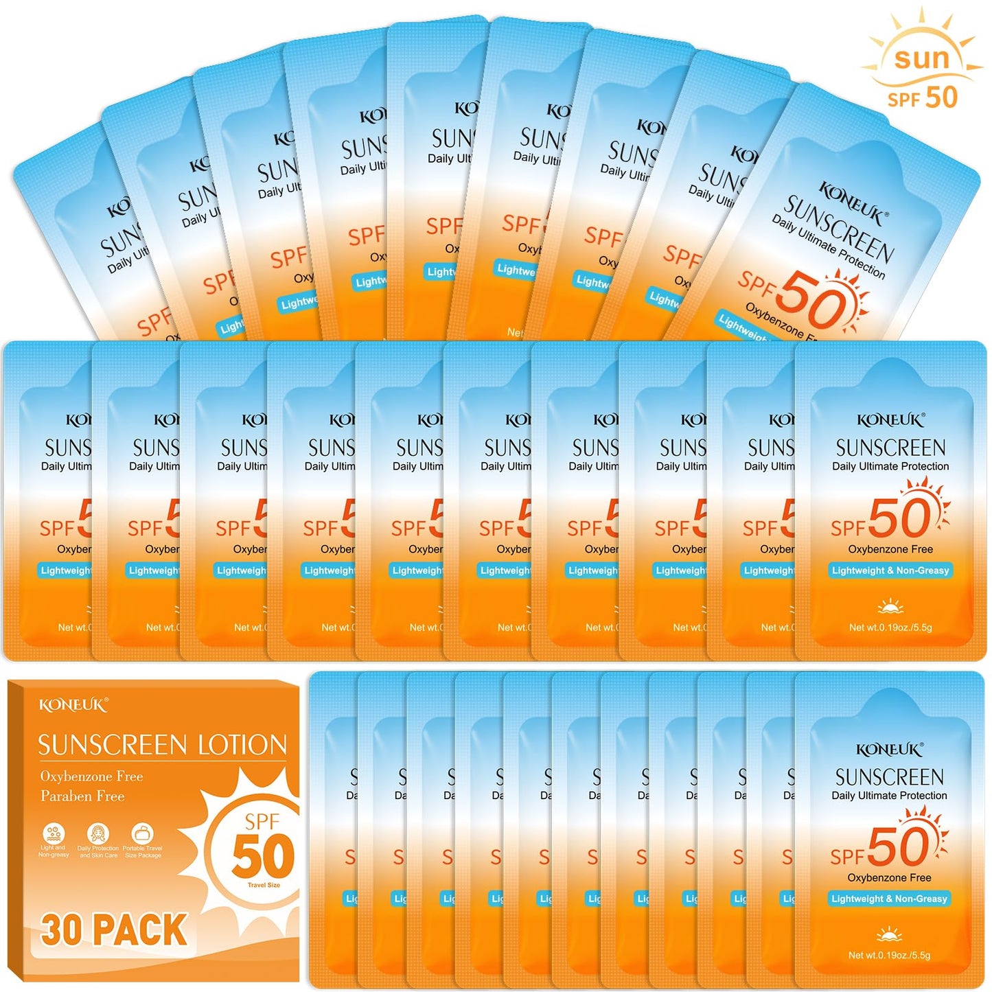30 Pack Travel Size Sunscreen, SPF 50